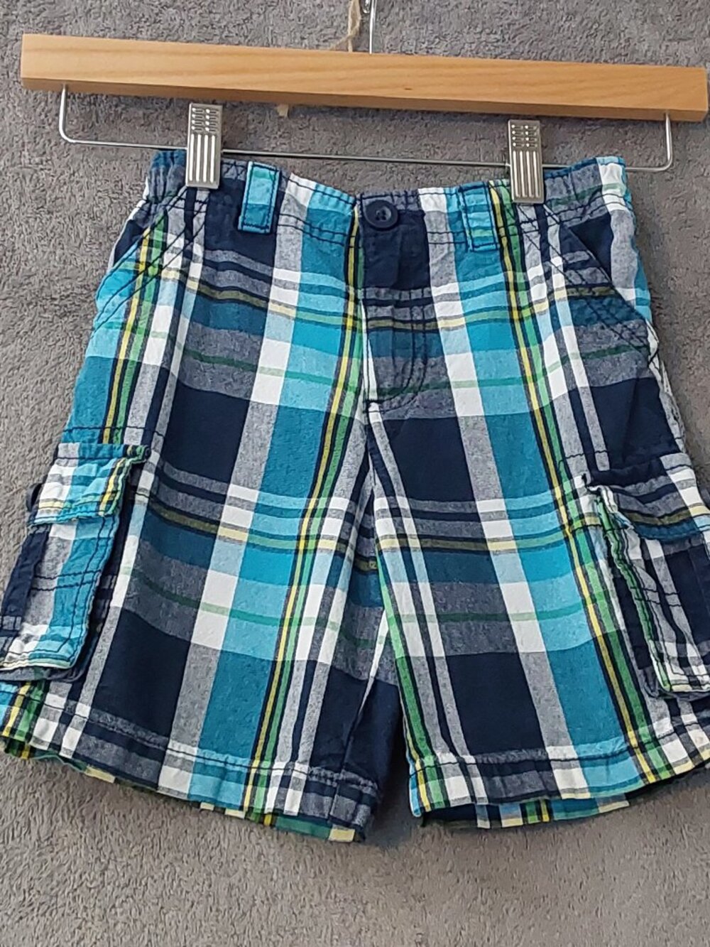 Healthtex Boys Plaid Cargo Shorts Size 4T Blue Green Elastic Waist